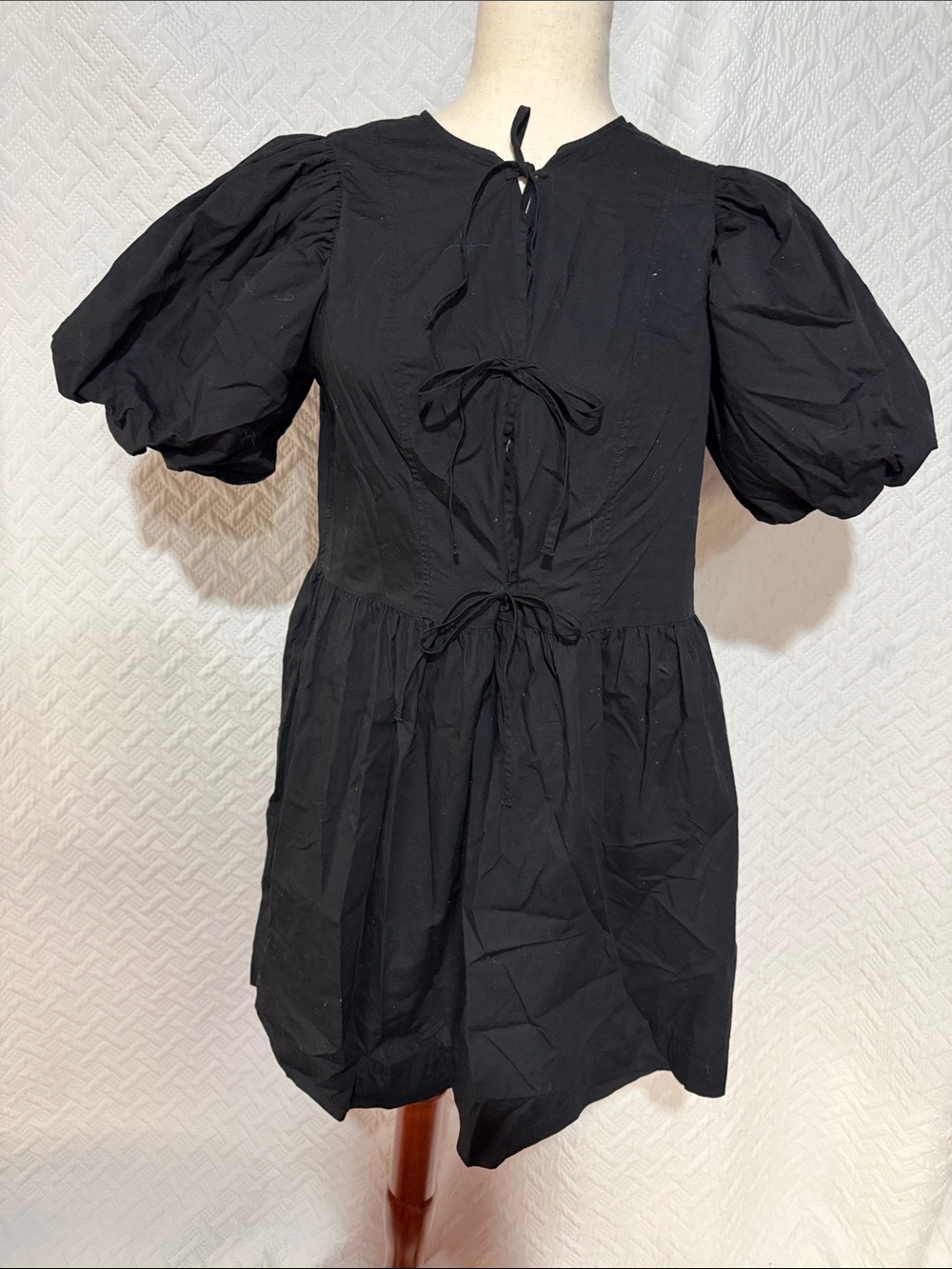 Divided Black Puff-Sleeve Mini Dress with Back Tie Details